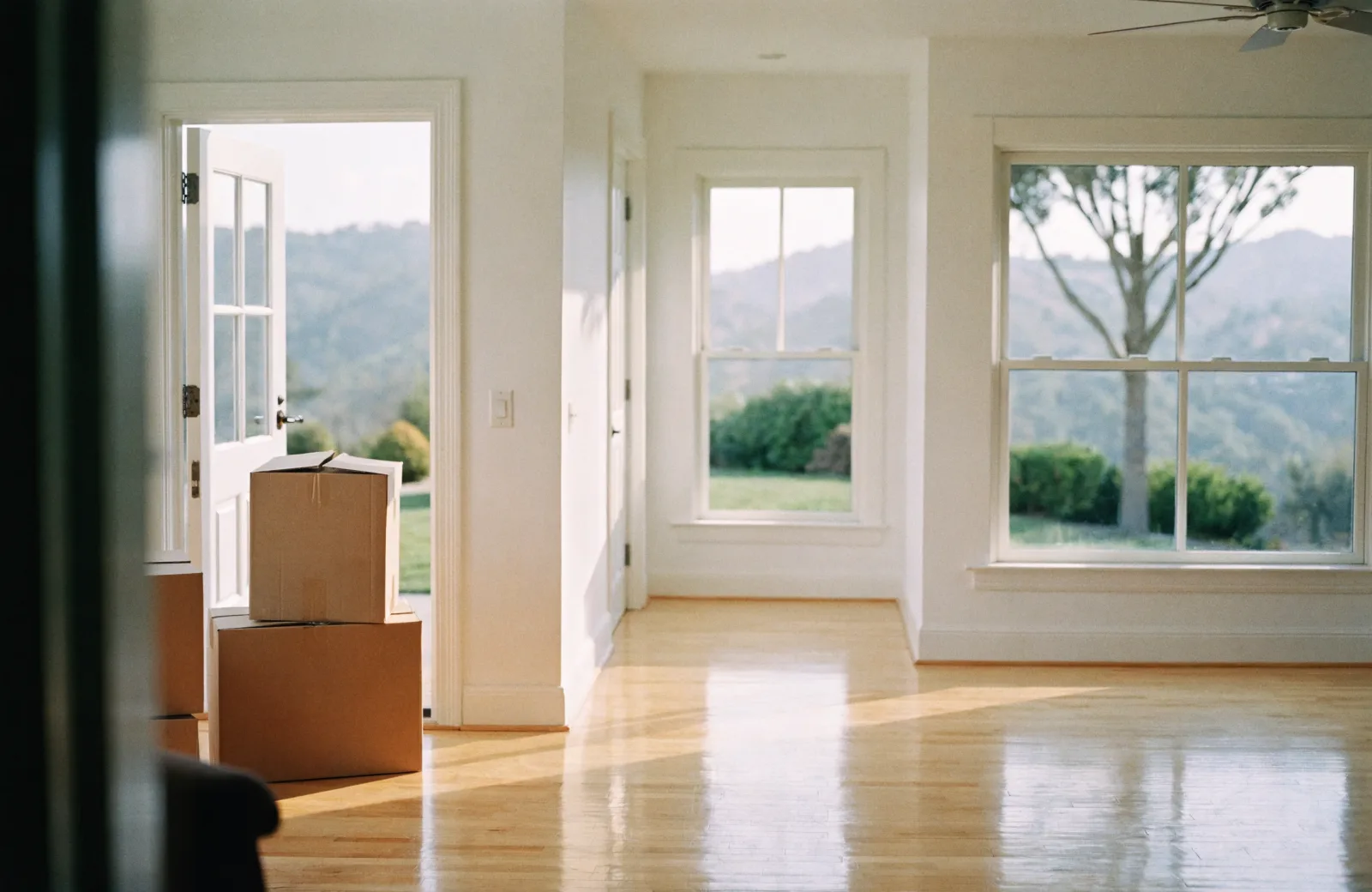 Sun-filled, freshly cleaned living room with moving boxes stacked by the door in a Peninsula home
