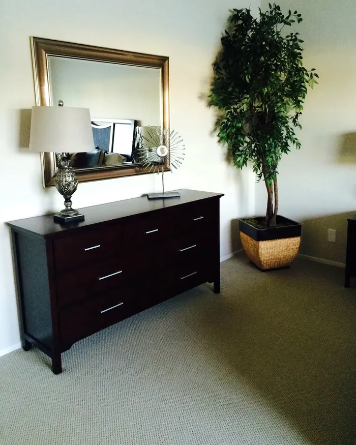 Dusted dresser and mirror in a home kept clean by White Flowers Cleaning Services